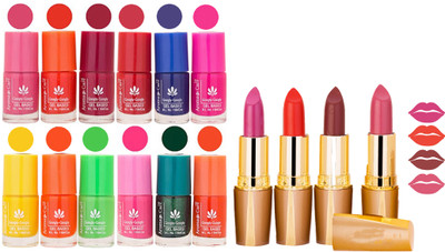 

Aroma Care 12 Piece Vibrant Color Nail Polish Combo Set With 4 Rythm Creamy Matte Lipstick Combo 168(Set of 16)