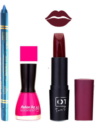 

Fashion Bar Nail Polish , otg Lipstick , Turquoise Blue Kajal Combo99(Set of 3)
