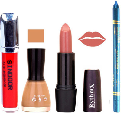 

Rythmx Peach Lipstick Musted Shade Nail Polish Sindoor and Non Pro Transfer Turquoise Blue Kajal Combo kit 9956(Set of 4)