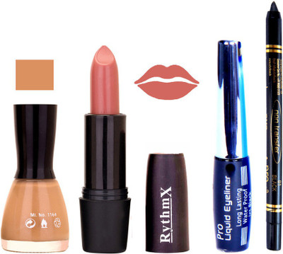 

Rythmx Musted Nail Polish Rich Browny Purple Lipstick With Eyeliner and Pro Non Transfer Black Kajal 68120(Set of 4)