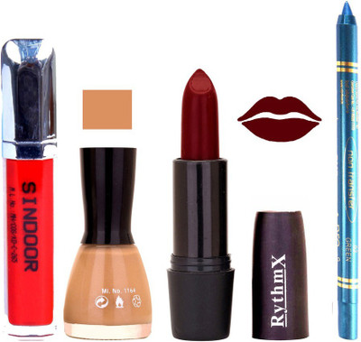 

Rythmx Maroon Lipstick Musted Shade Nail Polish Sindoor and Non Pro Transfer Turquoise Blue Kajal Combo kit 9961(Set of 4)