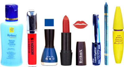 

Rythmx Glorious Red Lipstick Blue Nail Polish Remover Eye Liner Sindoor Pro Non Transfer Turquoise Blue Kajal Maskara Color Bomb Kit 1801(Set of 7)