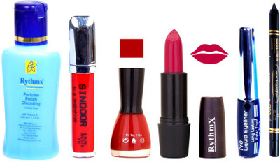 

Rythmx Bright Mazanta Lipstick Cherry Red Nail Polish Remover Eye Liner Sindoor Black Kajal Combo Kit 9814(Set of 6)