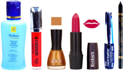 

Rythmx Bright Mazanta Lipstick Glitter Gold Nail Polish Remover Eye Liner Sindoor Black Kajal Combo Kit 9843(Set of 6)