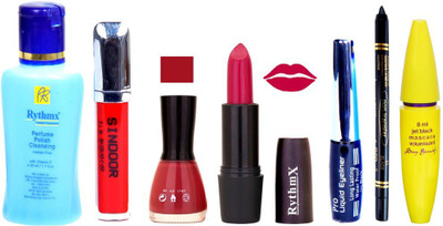 

Rythmx Bright Mazanta Lipstick Mauvish Pink Nail Polish Remover Eye Liner Sindoor Pro Non Transfer Black Kajal Maskara Combo Kit 2818(Set of 7)
