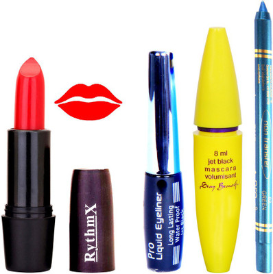 

Rythmx Fastsy Red Lipstick Bold Look Eyeliner Non Pro Transfer Turqoise Blue Kajal Jet Black Volumisant Mascara Kit 30303(Set of 4)