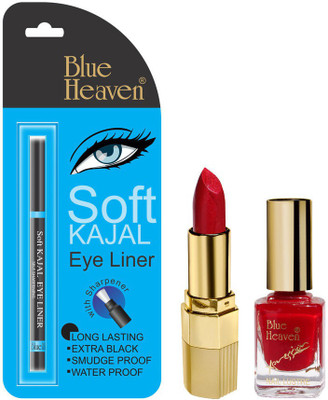 

Blue Heaven Lipstick R 008, Nail Paint 913 & Kajal Liner Combo(Set of 3)