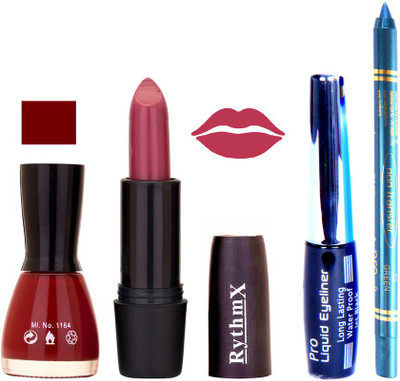 

Rythmx Maroon Nail Polish Pinkish Purple Lipstick With Eyeliner and Pro Non Transfer Blue Kajal 580121(Set of 4)
