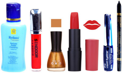

Rythmx Remover, OTG Lipstick, Sindoor, Nail Polish,EyeLiner, Remover,Black Kajal, Makeup kit Combo 10100(Set of 6)