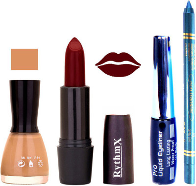 

Rythmx Musted Nail Polish Maroon Lipstick With Eyeliner and Pro Non Transfer Blue Kajal 580148(Set of 4)