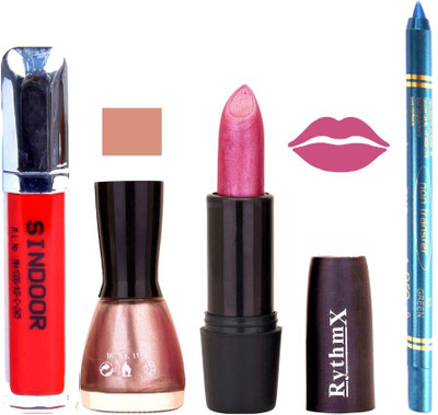 

Rythmx Shimmer Purple Lipstick Shimmer Light Pink Shade Nail Polish Sindoor and Non Pro Transfer Turquoise Blue Kajal Combo kit 9935(Set of 4)