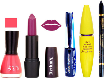 

Rythmx Purple Lipstick Pink Nail Polish With Black EyeLiner Zed Black Kajal and Volumisant Express MasCara DD(Set of 5)