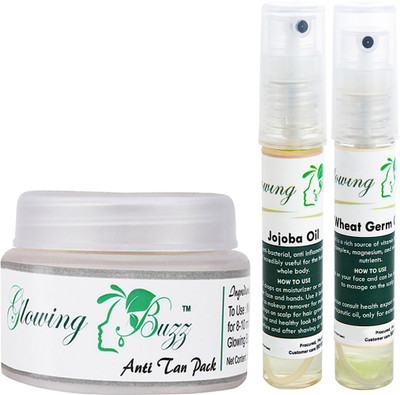 

Glowing Buzz Combo of 1 Natural Anti Tan Pack for Face, Dark Under Arms and Hands, 1 Jojoba Essential Oil and 1 WheatGerm Essential Oil(Set of 3)