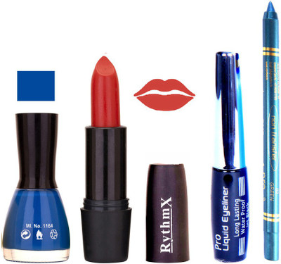 

Rythmx BlueNail Polish Redish Peach Lipstick With Eyeliner and Pro Non Transfer Blue Kajal 58096(Set of 4)