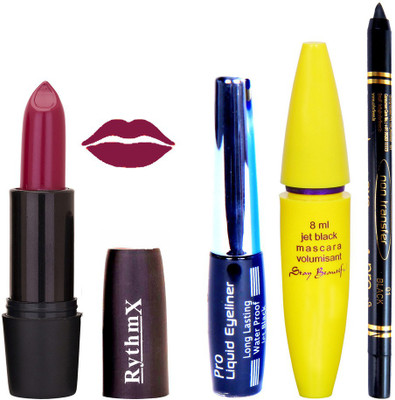 

Rythmx Mauve Lipstick Bold Look Eyeliner Black kajal Magnum Beauty Maskara Kit 10110(Set of 4)