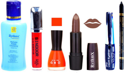 Rythmx Brown Lipstick Orange Nail Polish Remover Eye Liner Sindoor Black Kajal Combo Kit 9812(Set of 6)