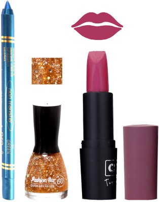 

Fashion Bar Nail Polish , otg Lipstick , Turquoise Blue Kajal Combo128(Set of 3)