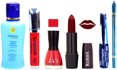 

Rythmx Maroon Lipstick Lolipop Pink Nail Polish Remover Eye Liner Sindoor Turquoise Blue Kajal Combo Kit 8894(Set of 6)