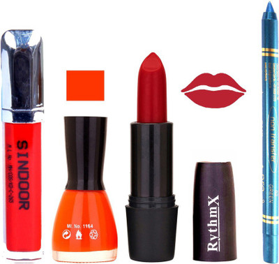 

Rythmx Red Lipstick Orange Shade Nail Polish Sindoor and Non Pro Transfer Turquoise Blue Kajal Combo kit 9907(Set of 4)