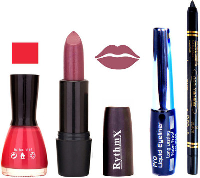 

Rythmx Light PinkNail Polish Shimmer Purple Lipstick With Eyeliner and Pro Non Transfer Black Kajal 68114(Set of 4)