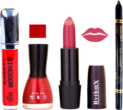 

Rythmx Pinkish Purple Lipstick Glitter Red Nail Polish Non Transfer Black kajal Sindoor 145(Set of 4)