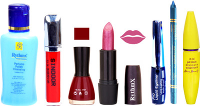 

Rythmx Shimmer Purple Lipstick Dark Red Nail Polish Remover Black EyeLiner Sindoor Turquoise Blue Kajal Maskara 13(Set of 7)