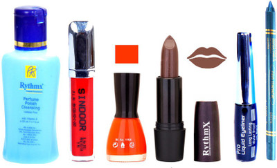 

Rythmx Brown Lipstick Orange Nail Polish Remover Eye Liner Sindoor Turquoise Blue Kajal Combo Kit 8891(Set of 6)