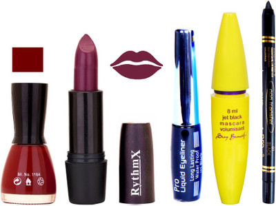 

Rythmx Jamuni Lipstick Maroon Nail Polish With Black EyeLiner Zed Black Kajal and Volumisant Express MasCara EF(Set of 5)