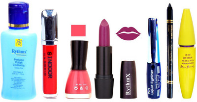 

Rythmx Jamini Mauve Lipstick Light Pink Nail Polish Remover Eye Liner Sindoor Pro Non Transfer Black Kajal Maskara Combo Kit 2852(Set of 7)