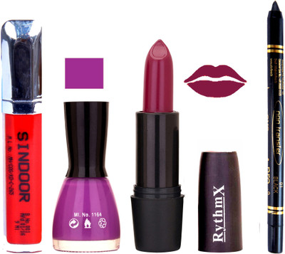

Rythmx Mauve Lipstick Purple Nail Polish Non Transfer Black kajal Sindoor 132(Set of 4)