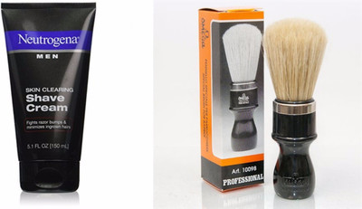 

Neutrogena Skin Clearing Shave Cream with Omega (Made In Italy) 100% Hog Bristle Shaving Brush(Set of 2)