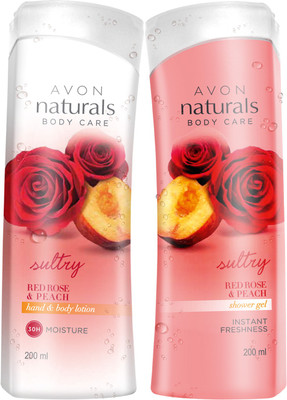 

Avon Naturals Red Rose Peach Body Lotion 200ml (Restage) & Shower Gel(Set of 2)