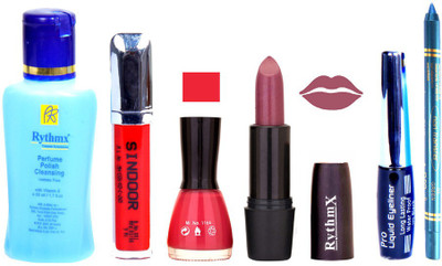 

Rythmx Shimmer Purple Lipstick Dark Pink Nail Polish Remover Eye Liner Sindoor Turquoise Blue Kajal Combo Kit 8931(Set of 6)