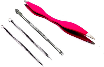 

Out Of Box Stainless Steel Slant-Pointed Tip Tweezer Plucker Hair Removal Tool (2in1) with Blackhead Remover Needle (Pack of 3)(Set of 4)