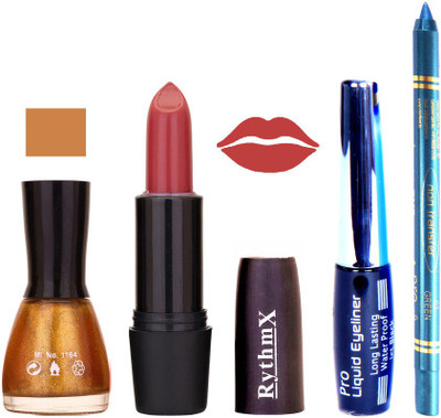 

Rythmx Glitter Gold Nail PolishBrowny Red Lipstick With Eyeliner and Pro Non Transfer Blue Kajal 580130(Set of 4)