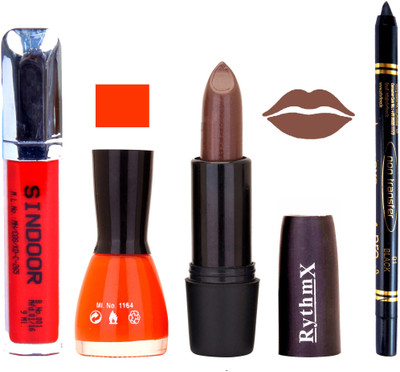 

Rythmx Brown Lipstick Orange Nail Polish Non Transfer Black kajal Sindoor 178(Set of 4)