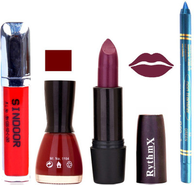 

Rythmx Jamni Lipstick Maroon Shade Nail Polish Sindoor and Non Pro Transfer Turquoise Blue Kajal Combo kit 9933(Set of 4)