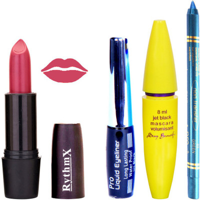 

Rythmx Pinkish Purple Lipstick Bold Look Eyeliner Non Pro Transfer Turqoise Blue Kajal Jet Black Volumisant Mascara Kit 3096(Set of 4)
