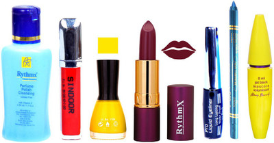

Rythmx Lipstick ,Polish Remover, Sindoor, Nail Polish,EyeLiner,Turqoise Blue Kajal, Mascara, Makeup kit Combo 14005(Set of 7)