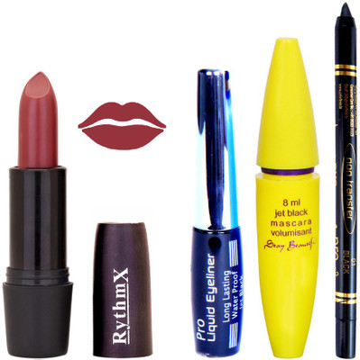 

Rythmx Biddent Time Brown Lipstick Bold Look Eyeliner Black kajal Magnum Beauty Maskara Kit 10116(Set of 4)