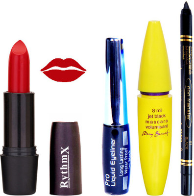 

Rythmx Red Lipstick Bold Look Eyeliner Black kajal Magnum Beauty Maskara Kit 10112(Set of 4)