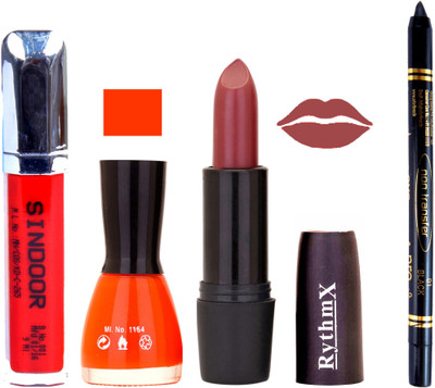 

Rythmx Redish Brown Lipstick Orange Nail Polish Non Transfer Black kajal Sindoor 179(Set of 4)