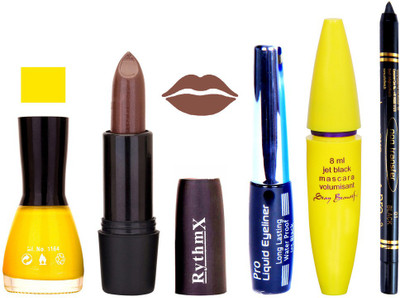 

Rythmx Brown Lipstick Yellow Nail Polish With Black EyeLiner Zed Black Kajal and Volumisant Express MasCara A(Set of 5)