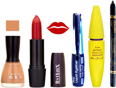 

Rythmx Red Lipstick Musted Nail Polish With Black EyeLiner Zed Black Kajal and Volumisant Express MasCara PP(Set of 5)