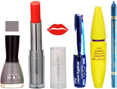 

Rythmx Intense Matte Orange Shade Lipstick, Pink Grey Nail Polish,Black Eyeliner,Mascara, And Turquoise Blue Kajal 63Turquoise Blue(Set of 5)