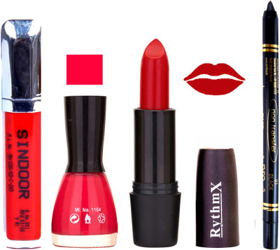 

Rythmx Chilly Red Lipstick Mauvish Pink Nail Polish Black Non Transfer kajal Sindoor 133(Set of 4)