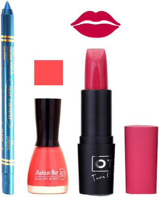 

Fashion Bar Nail Polish , otg Lipstick , Turquoise Blue Kajal Combo123(Set of 3)