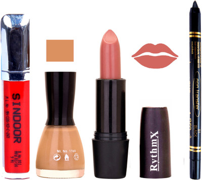 

Rythmx Peach Lipstick Baby Pink Nail Polish Non Transfer Black kajal Sindoor 127(Set of 4)