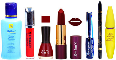 

Rythmx Lipstick ,Polish Remover, Sindoor, Nail Polish,EyeLiner,Black Kajal, Mascara, Makeup kit Combo 14082(Set of 7)