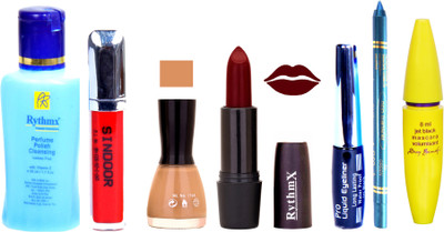 

Rythmx Maroon Lipstick Musted Nail Polish Remover Eye Liner Sindoor Pro Non Transfer Turquoise Blue Kajal Maskara Color Bomb Kit 1860(Set of 7)